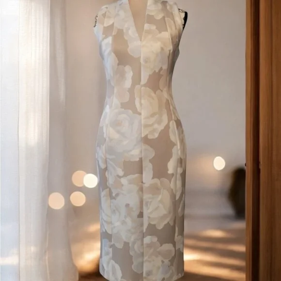 Calvin Klein Cream Tan Sheath Midi Dress Sleeveless NWT SZ 10 - Picture 13 of 14